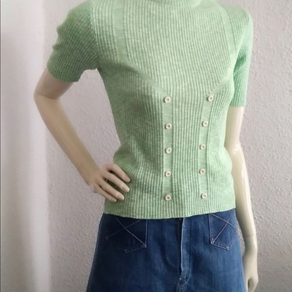 VTG 70s ribbed green top sweater buttons wool knit stretchy made in Italy - Picture 2 of 4
